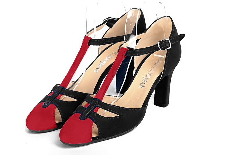 Cardinal red and matt black women's T-strap open side shoes. Round toe. High kitten heels. Front view - Florence KOOIJMAN